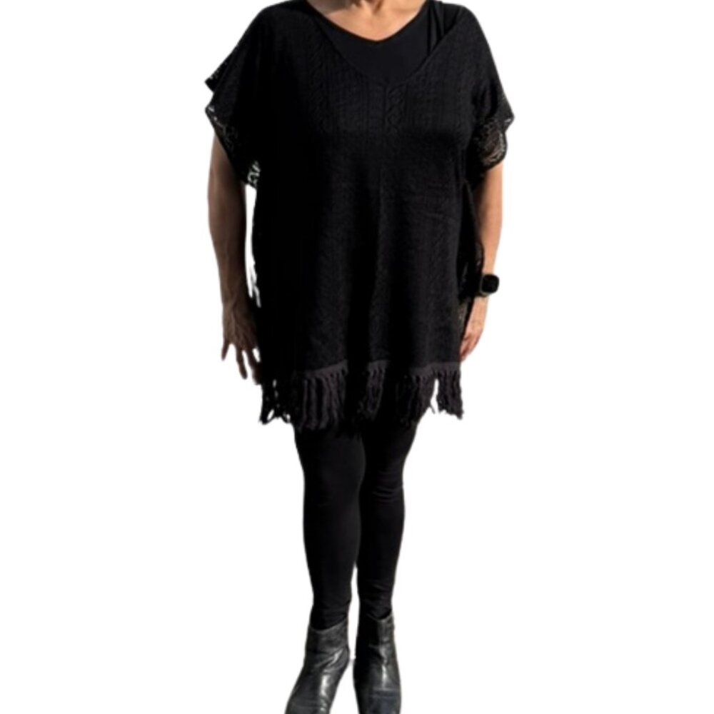 Melrose and Market Black Fringe Swim Cover Up Tunic One Size